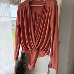 Free People Rust Orange Long Sleeve Wrap Bodysuit